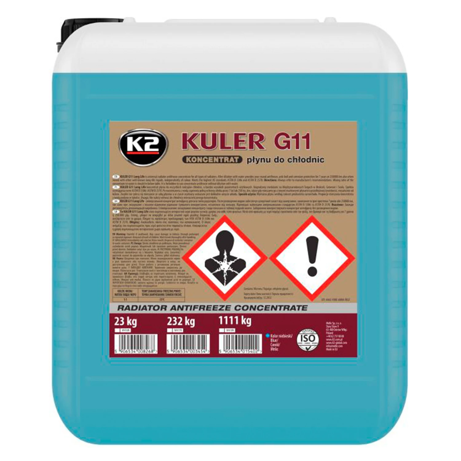 Рідина охолоджуюча K2 Kuler Long Life G11 блакитна концентрат 23 кг (W416N)